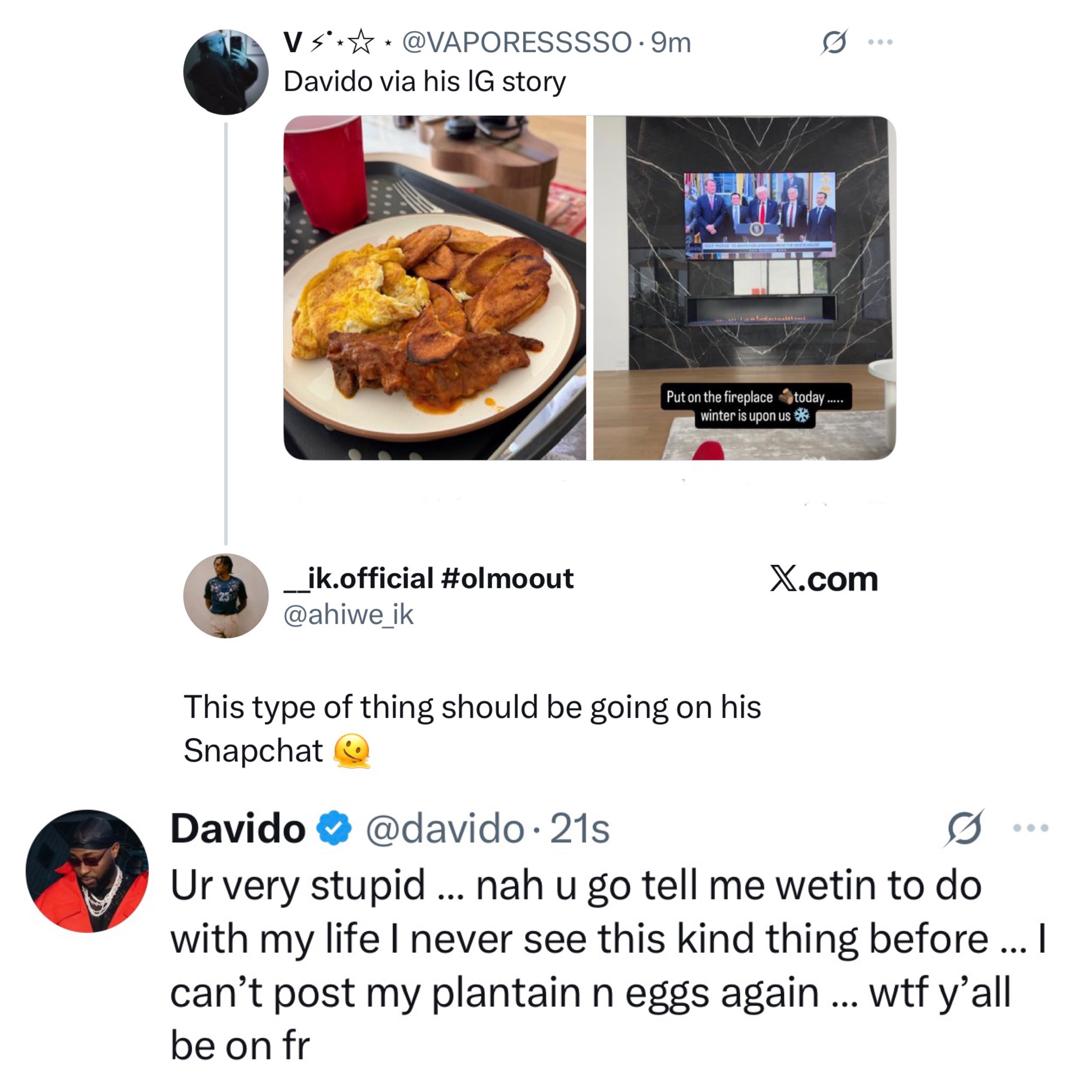 Davido clapsback at X-user who berated him for posting a plate of plantain and egg on his Instastories